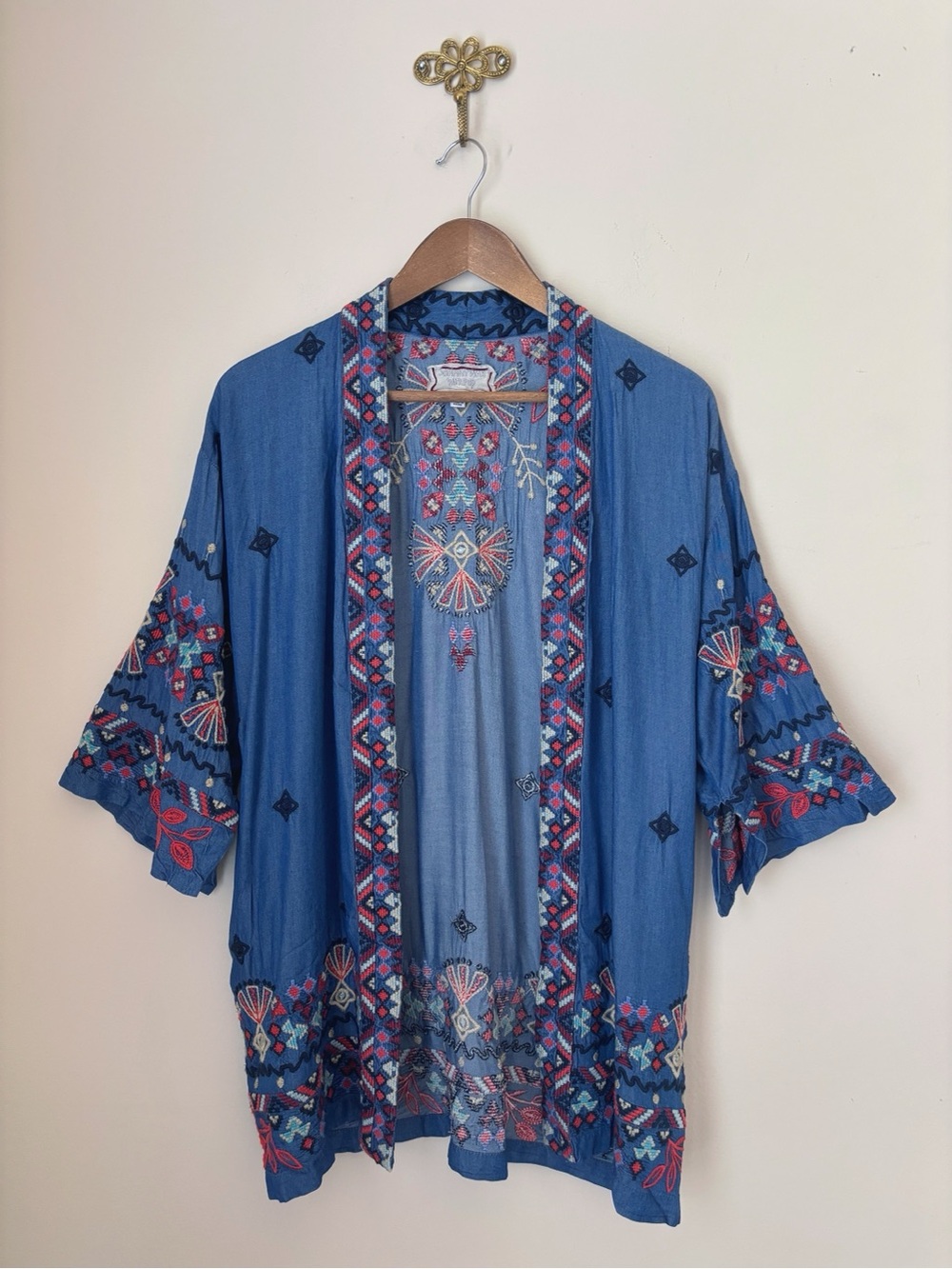 Johnny Was Workshop Embroidered Chambray Mareen Kimono Jacket XS